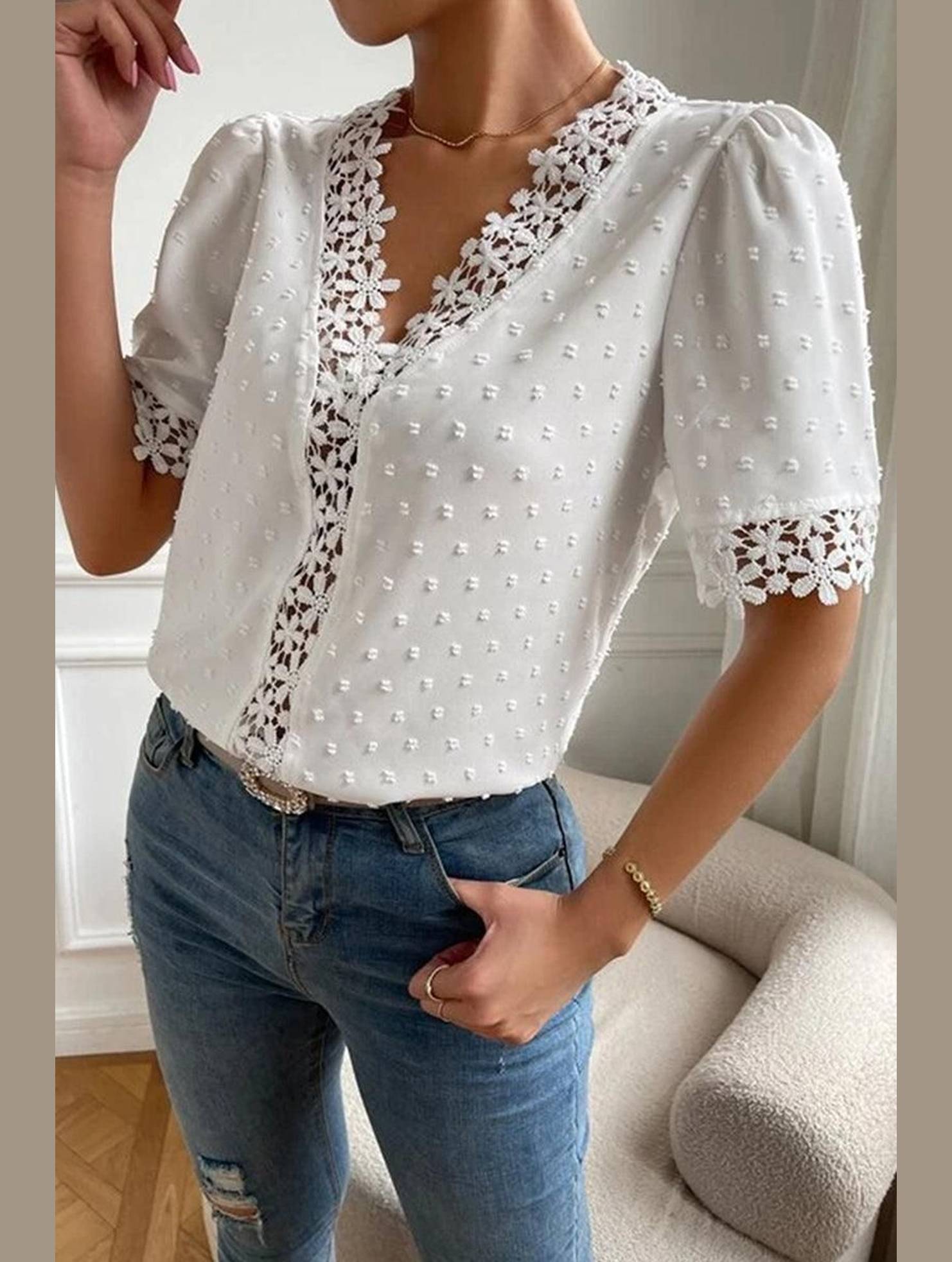 LACE DETAILED SWISS DOT WOMEN BLOUSE - Doublju