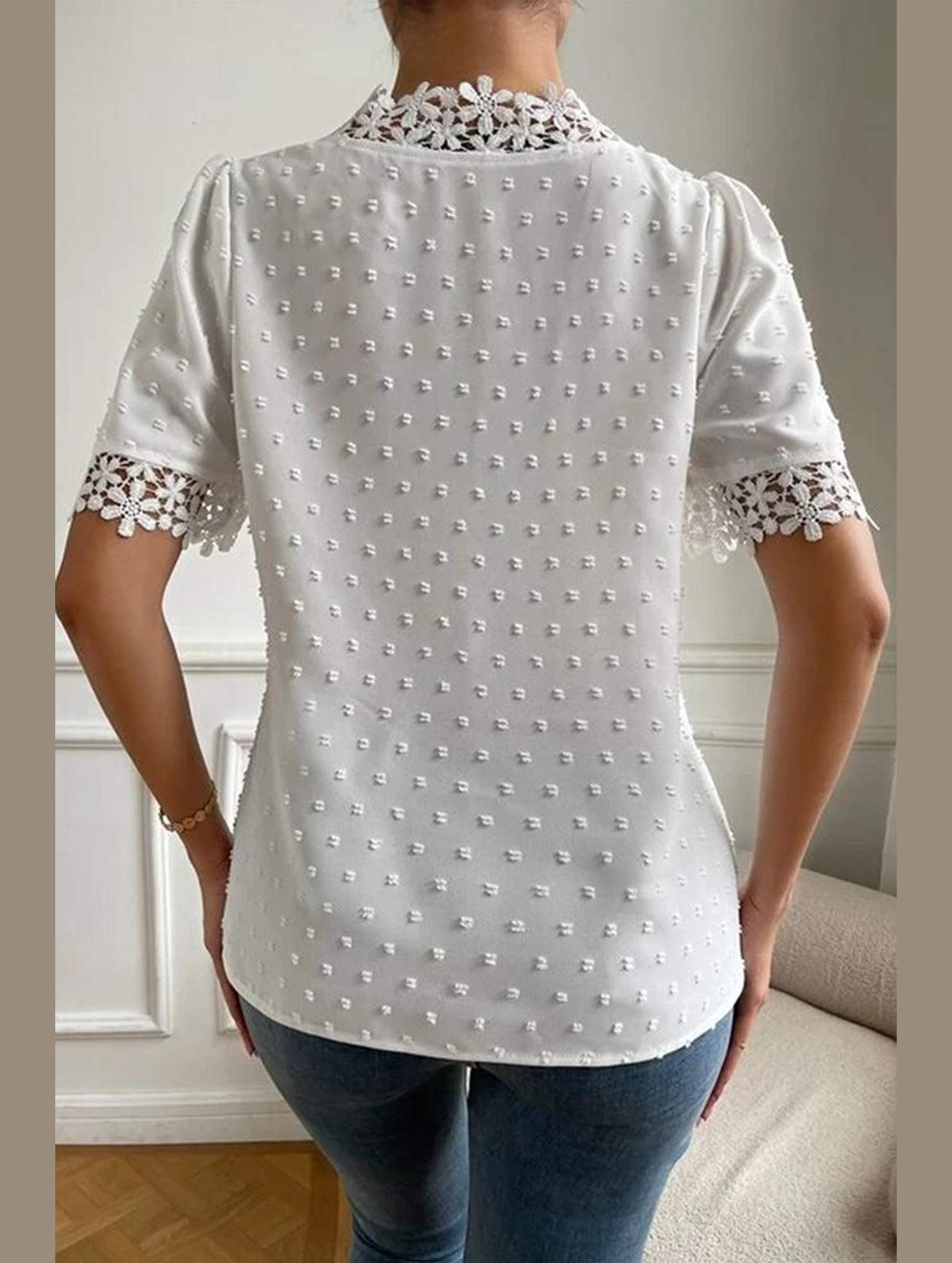 LACE DETAILED SWISS DOT WOMEN BLOUSE - Doublju
