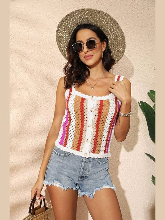 COLOR PATTERNED BUTTON UP KNIT TANK TEE - Doublju