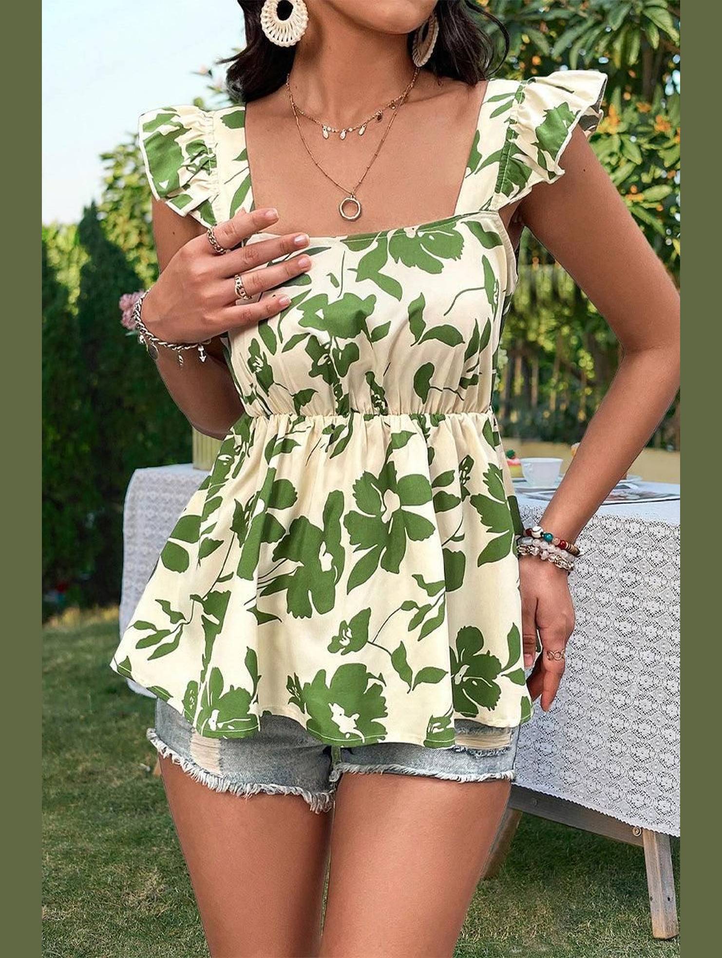 FRILL ANGEL SLEEVE CUT OUT BACK TUNIC TOP - Doublju