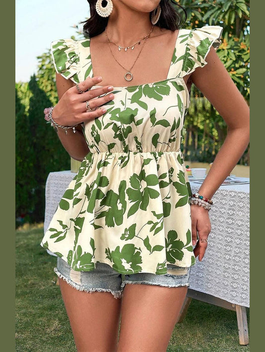 FRILL ANGEL SLEEVE CUT OUT BACK TUNIC TOP - Doublju