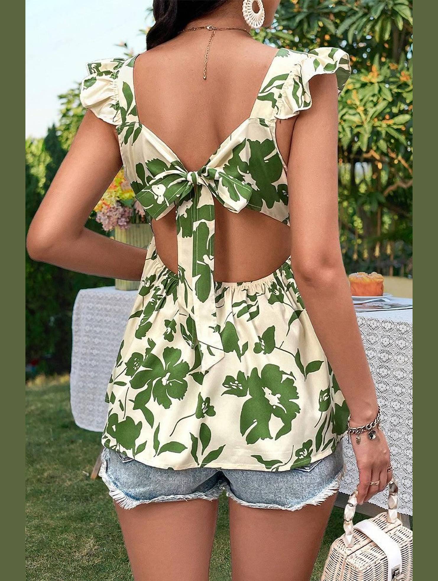 FRILL ANGEL SLEEVE CUT OUT BACK TUNIC TOP - Doublju