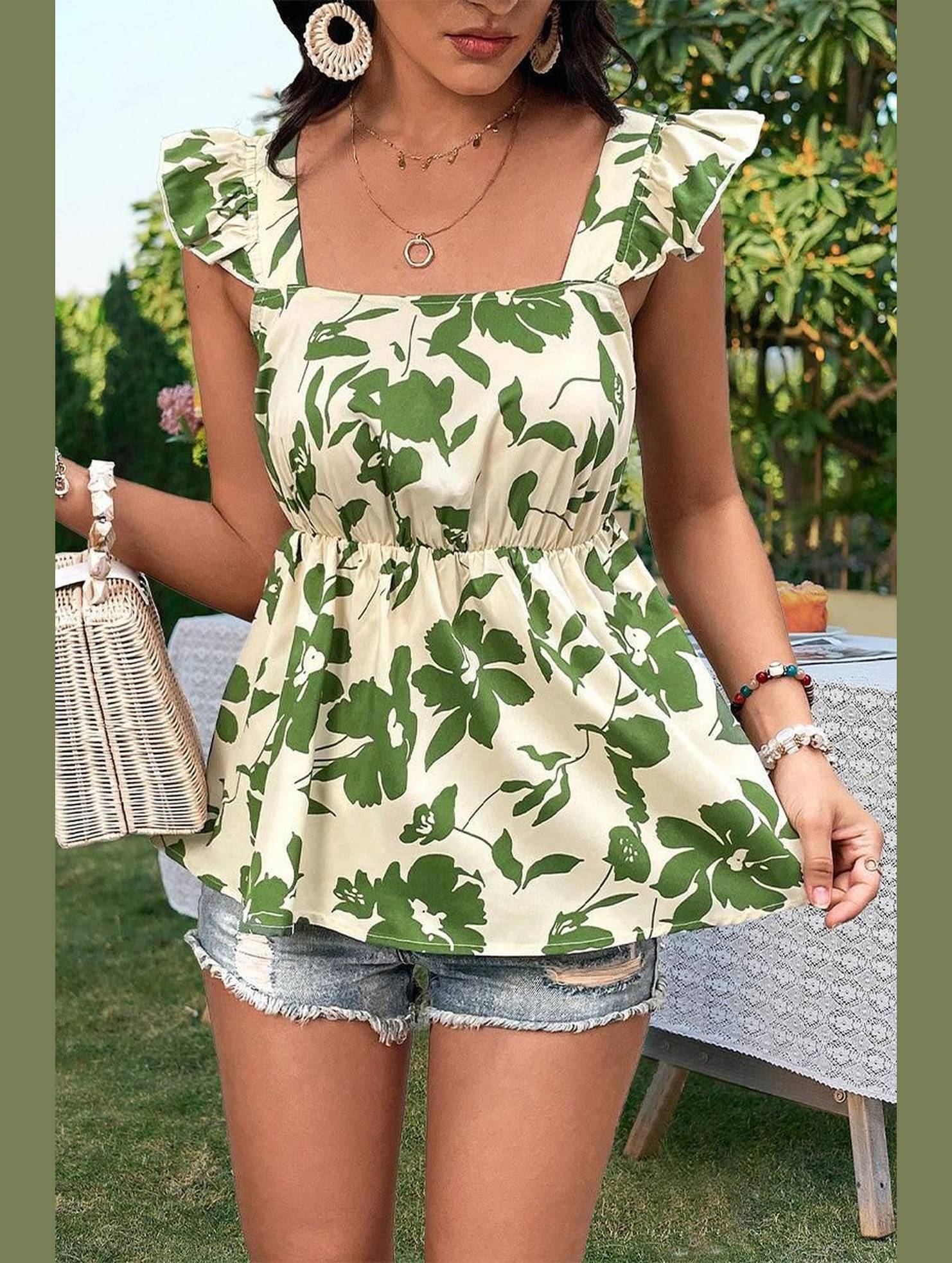 FRILL ANGEL SLEEVE CUT OUT BACK TUNIC TOP - Doublju