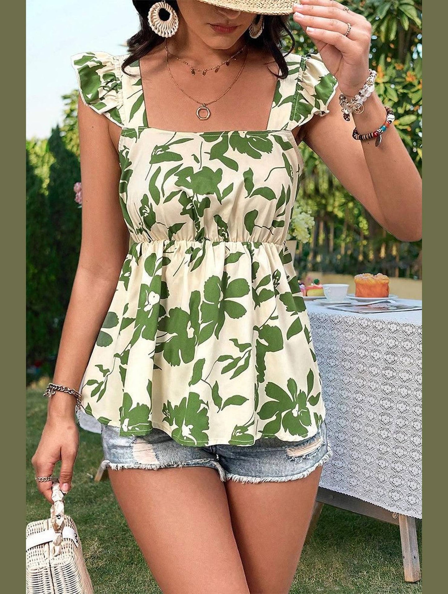 FRILL ANGEL SLEEVE CUT OUT BACK TUNIC TOP - Doublju