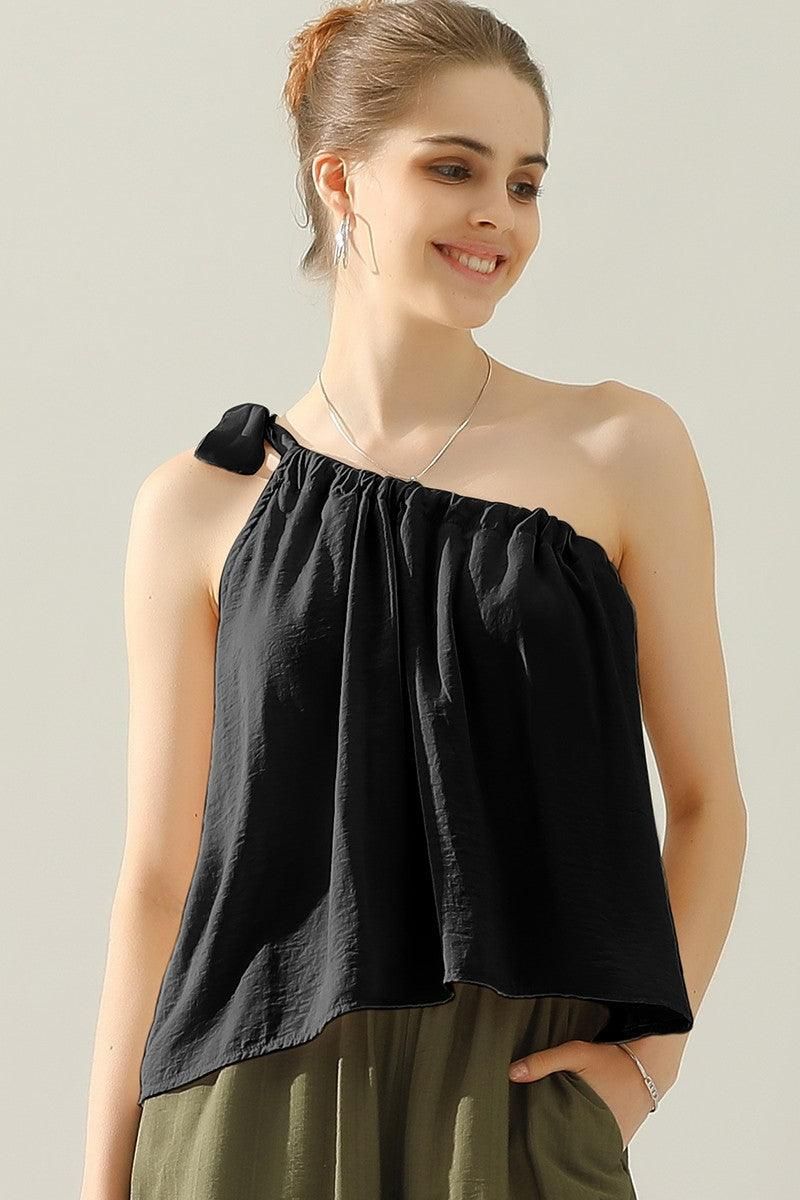 ONE SHOULDER BOW TIE STRAP SATIN SILK BLOUS TOP - Doublju