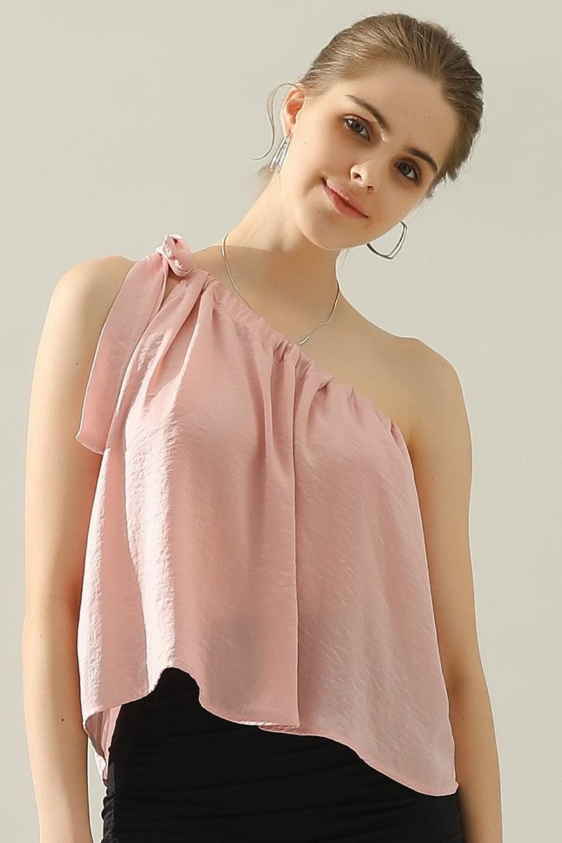 ONE SHOULDER BOW TIE STRAP SATIN SILK BLOUS TOP - Doublju