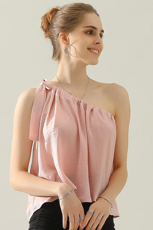ONE SHOULDER BOW TIE STRAP SATIN SILK BLOUS TOP - Doublju
