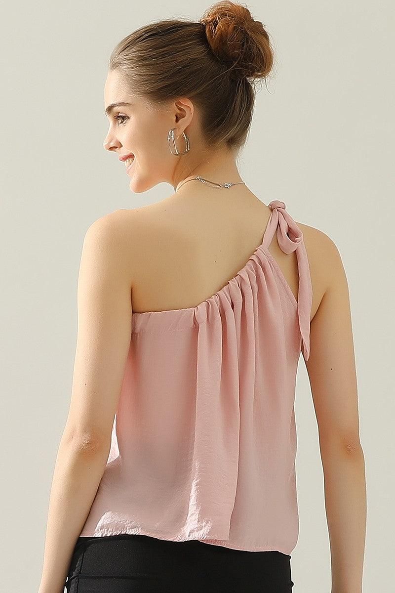 ONE SHOULDER BOW TIE STRAP SATIN SILK BLOUS TOP - Doublju