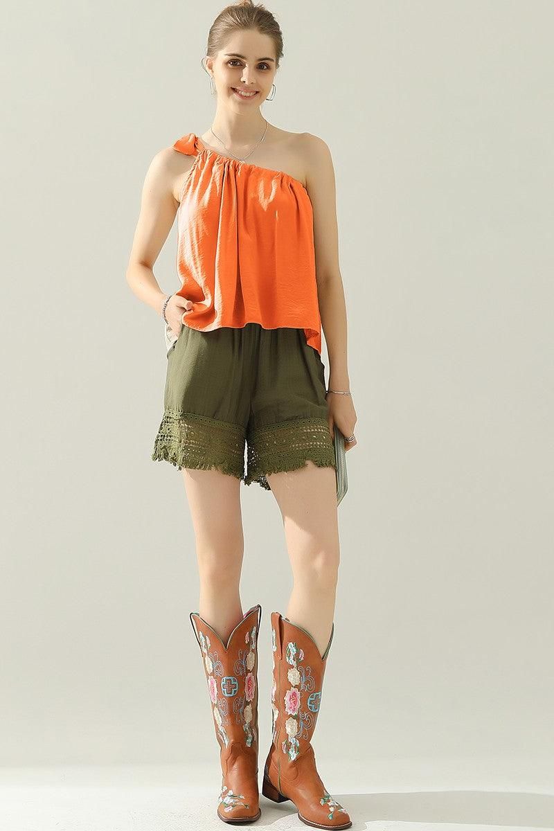 ONE SHOULDER BOW TIE STRAP SATIN SILK BLOUS TOP - Doublju