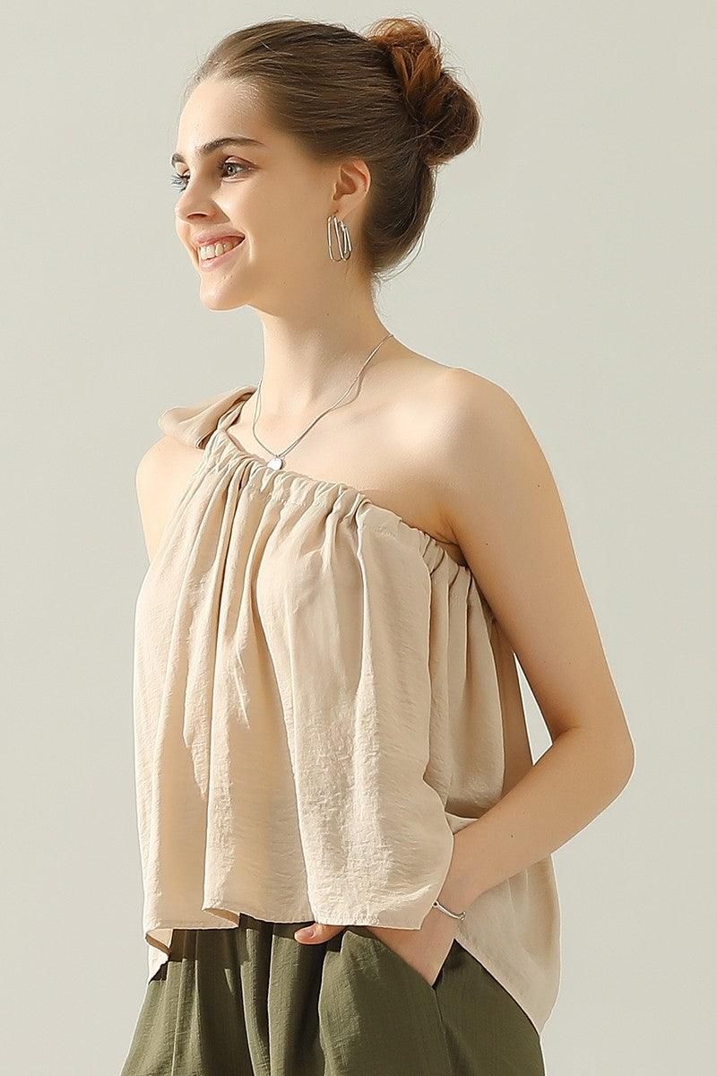 ONE SHOULDER BOW TIE STRAP SATIN SILK BLOUS TOP - Doublju