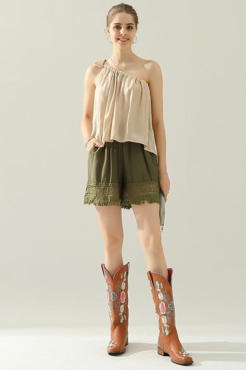 ONE SHOULDER BOW TIE STRAP SATIN SILK BLOUS TOP - Doublju