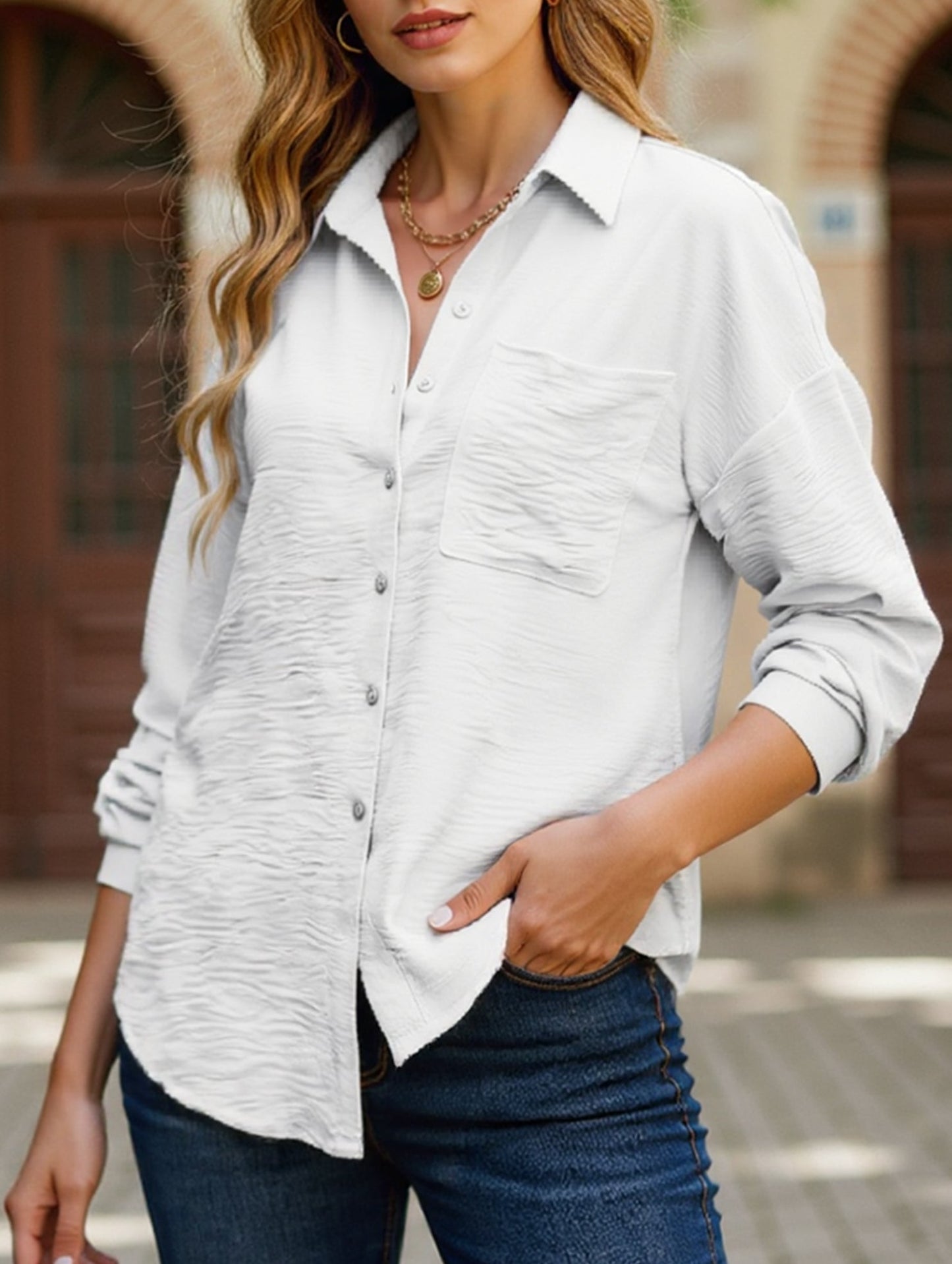 Casual versatile color-block long-sleeved shirt