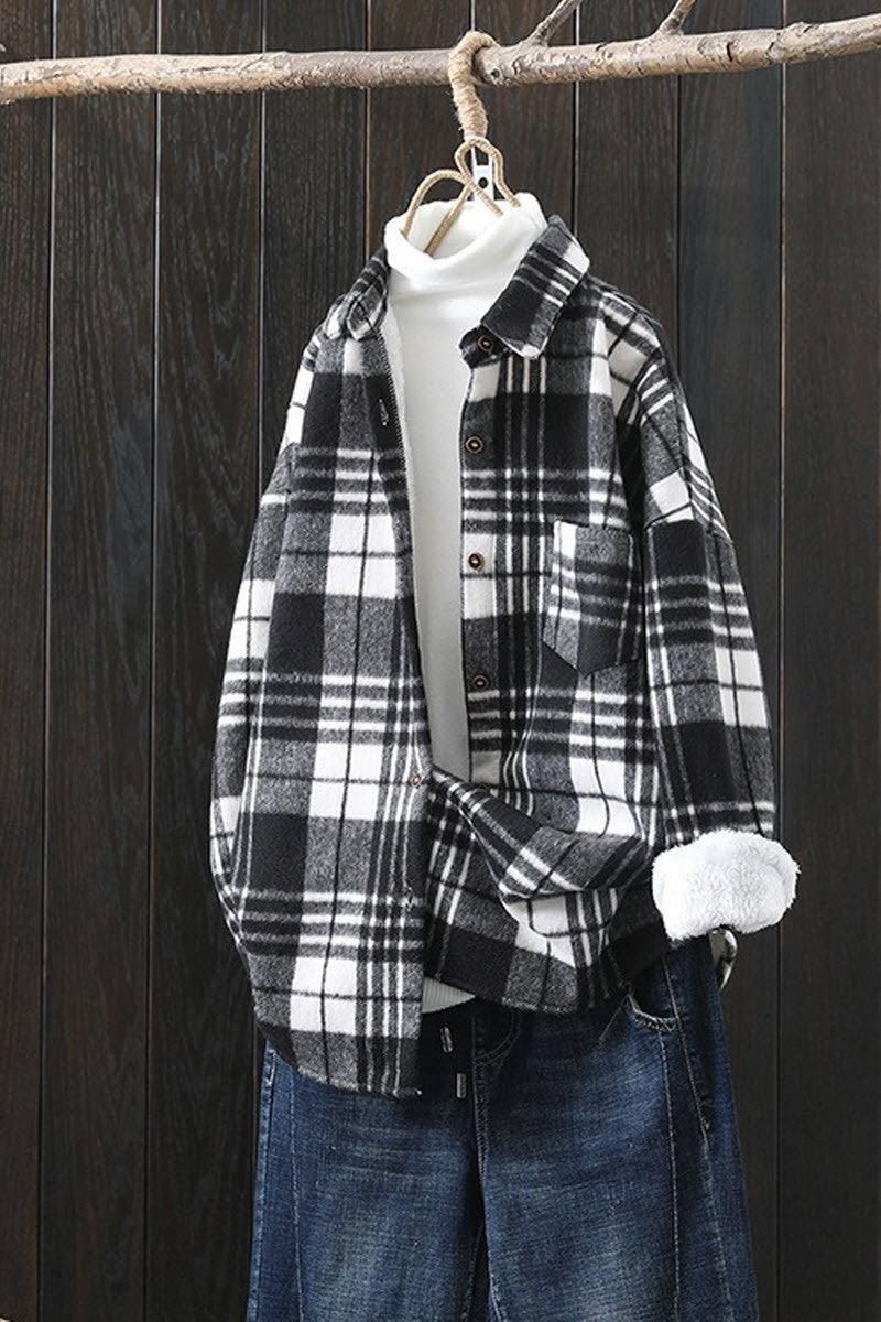MID LENGTH FLEECE INNER WARM PLAID SHIRT JACKET - Doublju