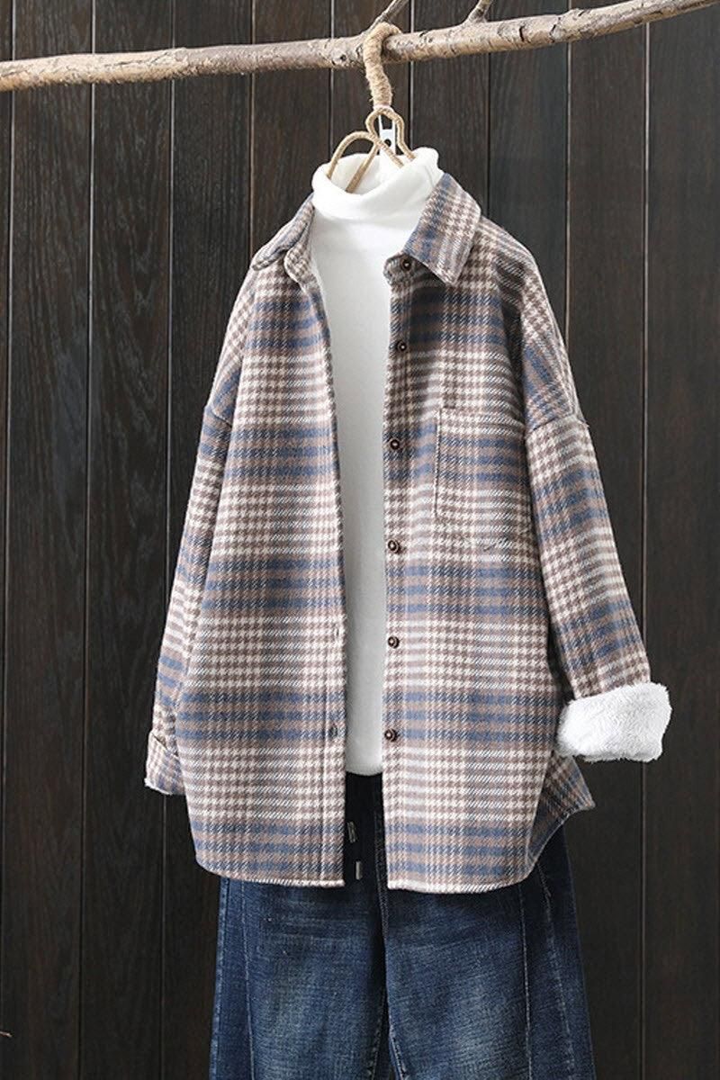 MID LENGTH FLEECE INNER WARM PLAID SHIRT JACKET - Doublju