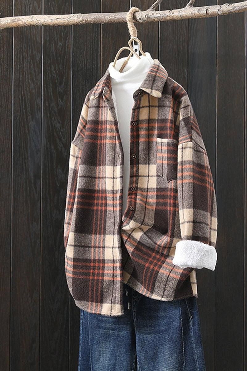 MID LENGTH FLEECE INNER WARM PLAID SHIRT JACKET - Doublju