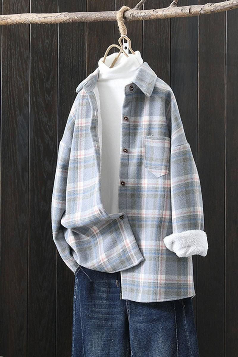 MID LENGTH FLEECE INNER WARM PLAID SHIRT JACKET - Doublju