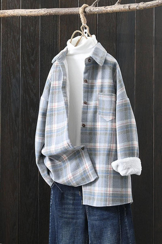 MID LENGTH FLEECE INNER WARM PLAID SHIRT JACKET - Doublju