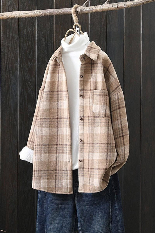 MID LENGTH FLEECE INNER WARM PLAID SHIRT JACKET - Doublju