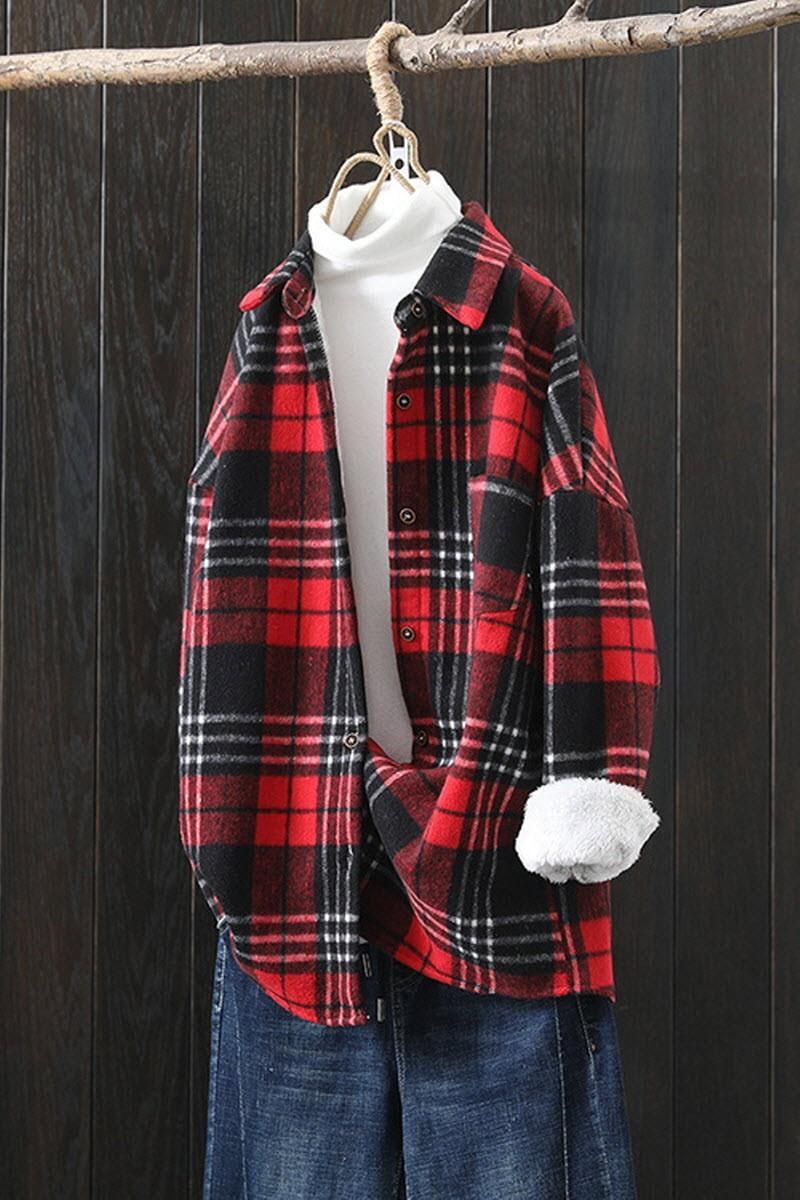MID LENGTH FLEECE INNER WARM PLAID SHIRT JACKET - Doublju