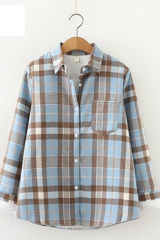 STUDENT ALL MATCH FLEECE INNER PLAID WARM SHIRT - Doublju
