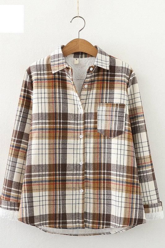 STUDENT ALL MATCH FLEECE INNER PLAID WARM SHIRT - Doublju