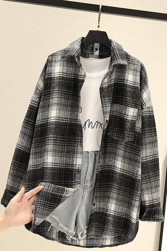 LOOSE THICK SANDED PLAID SHIRT - Doublju