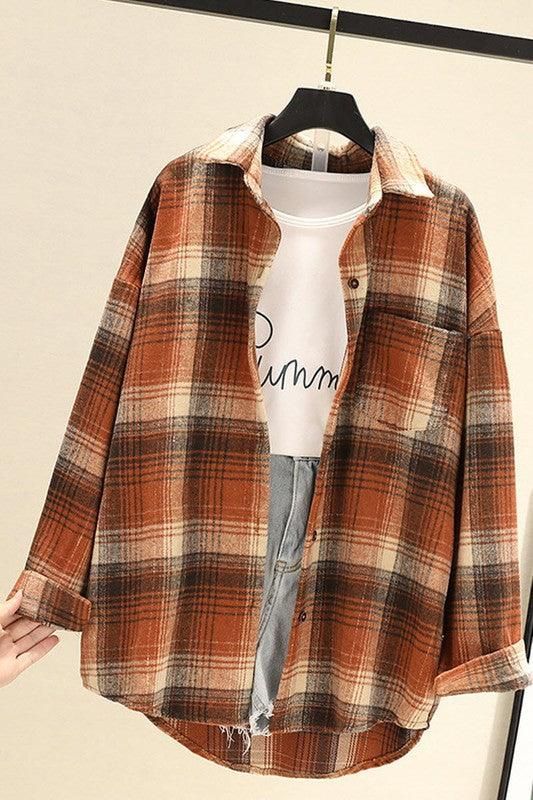 LOOSE THICK SANDED PLAID SHIRT - Doublju