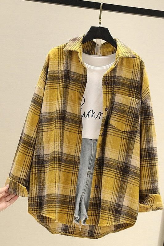 LOOSE THICK SANDED PLAID SHIRT - Doublju