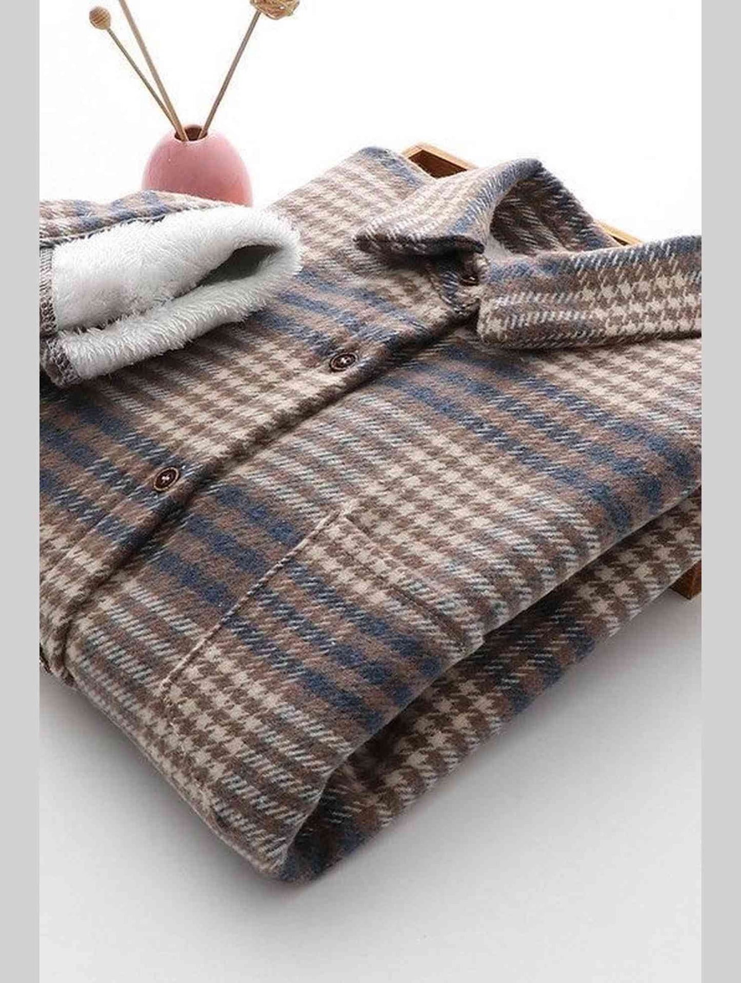 FLEECE INNER WINTER WARM PLAID SHIRT FOR WOMEN - Doublju
