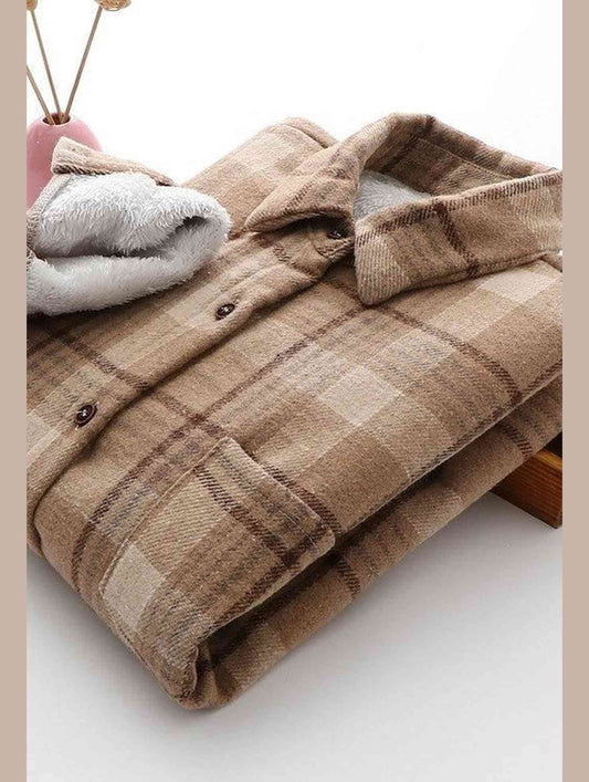 FLEECE INNER WINTER WARM PLAID SHIRT FOR WOMEN - Doublju