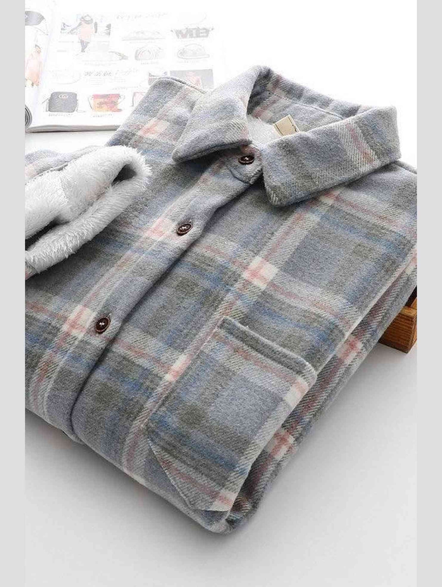 FLEECE INNER WINTER WARM PLAID SHIRT FOR WOMEN - Doublju