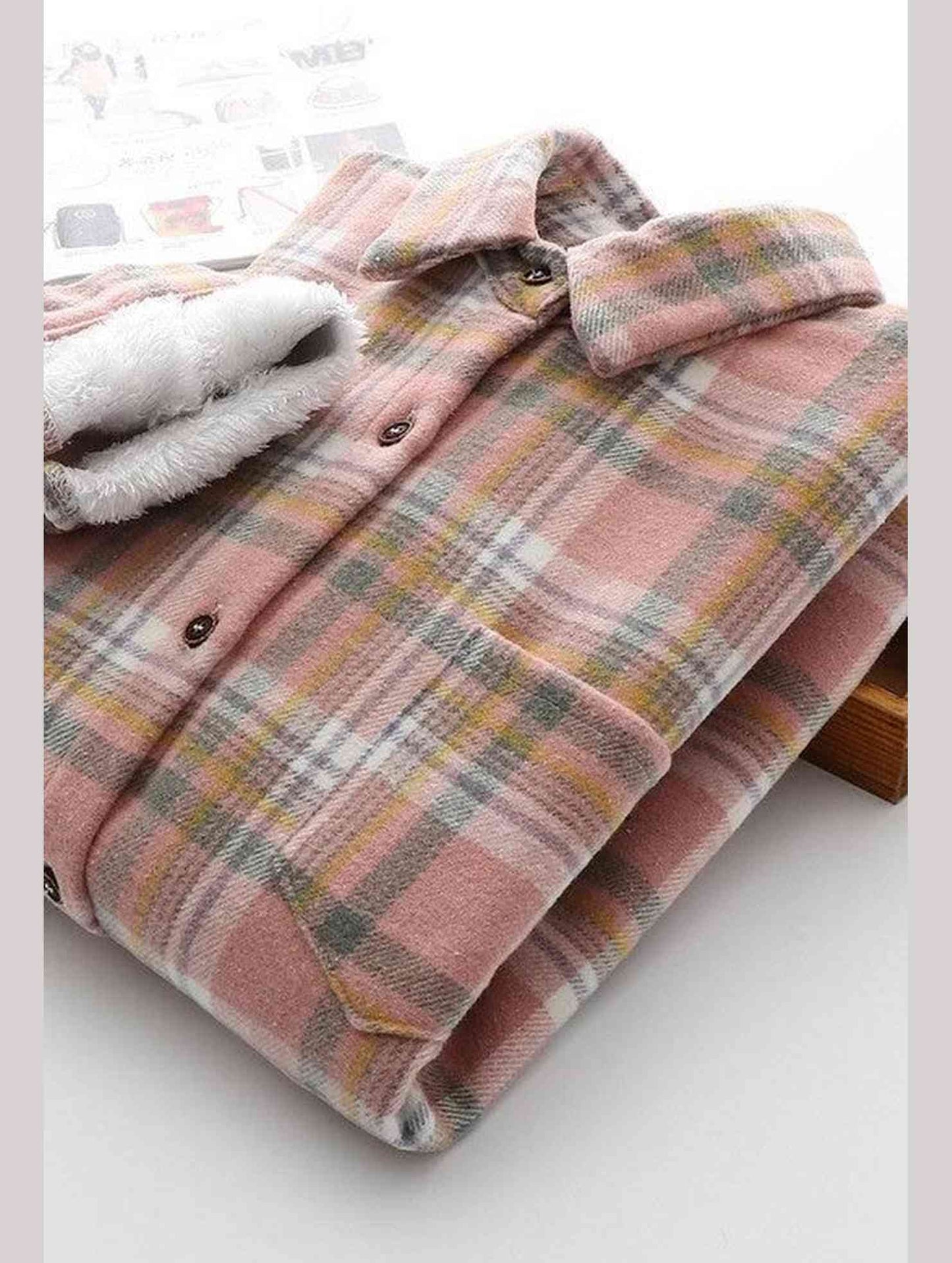 FLEECE INNER WINTER WARM PLAID SHIRT FOR WOMEN - Doublju