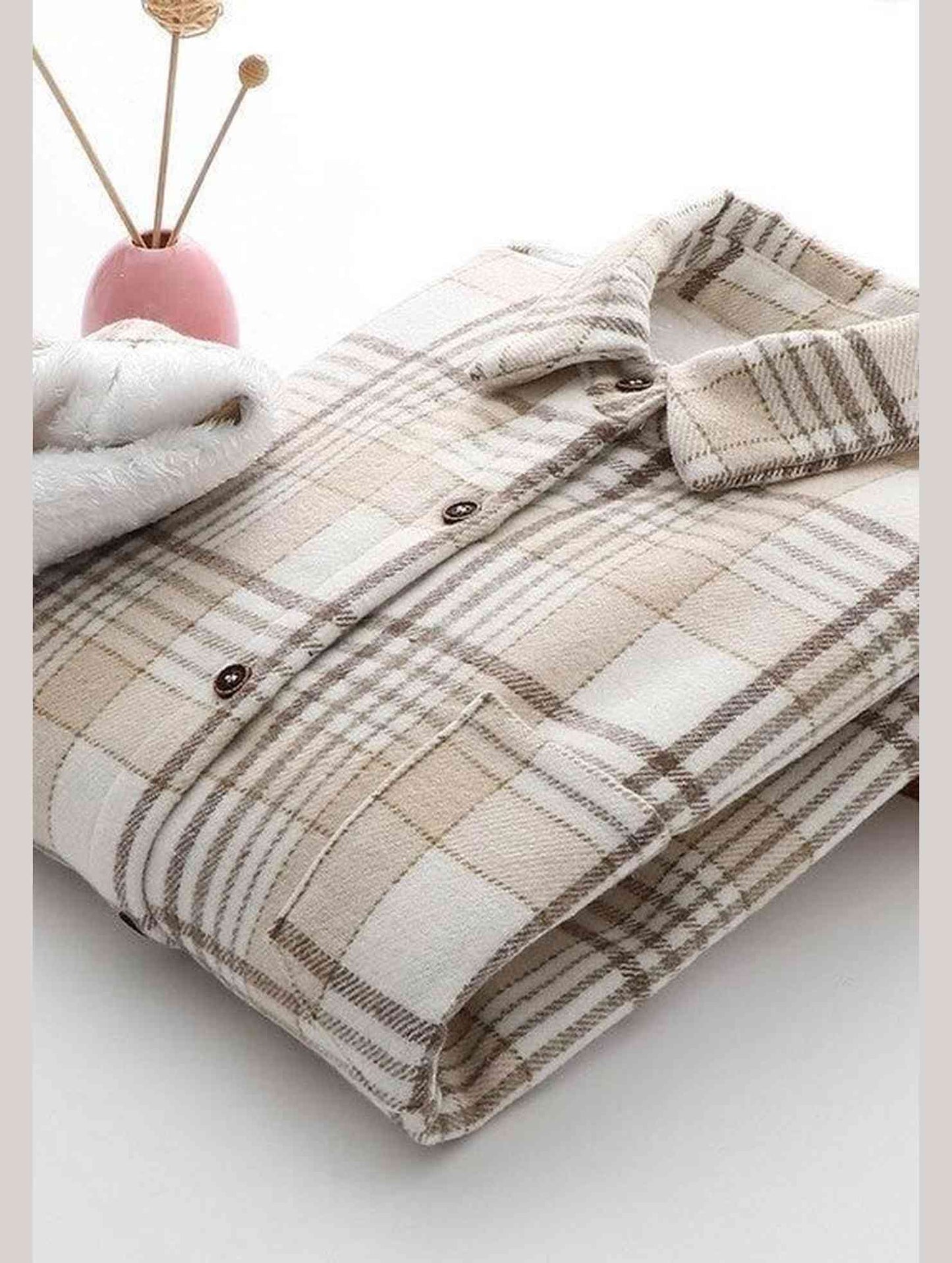 FLEECE INNER WINTER WARM PLAID SHIRT FOR WOMEN - Doublju
