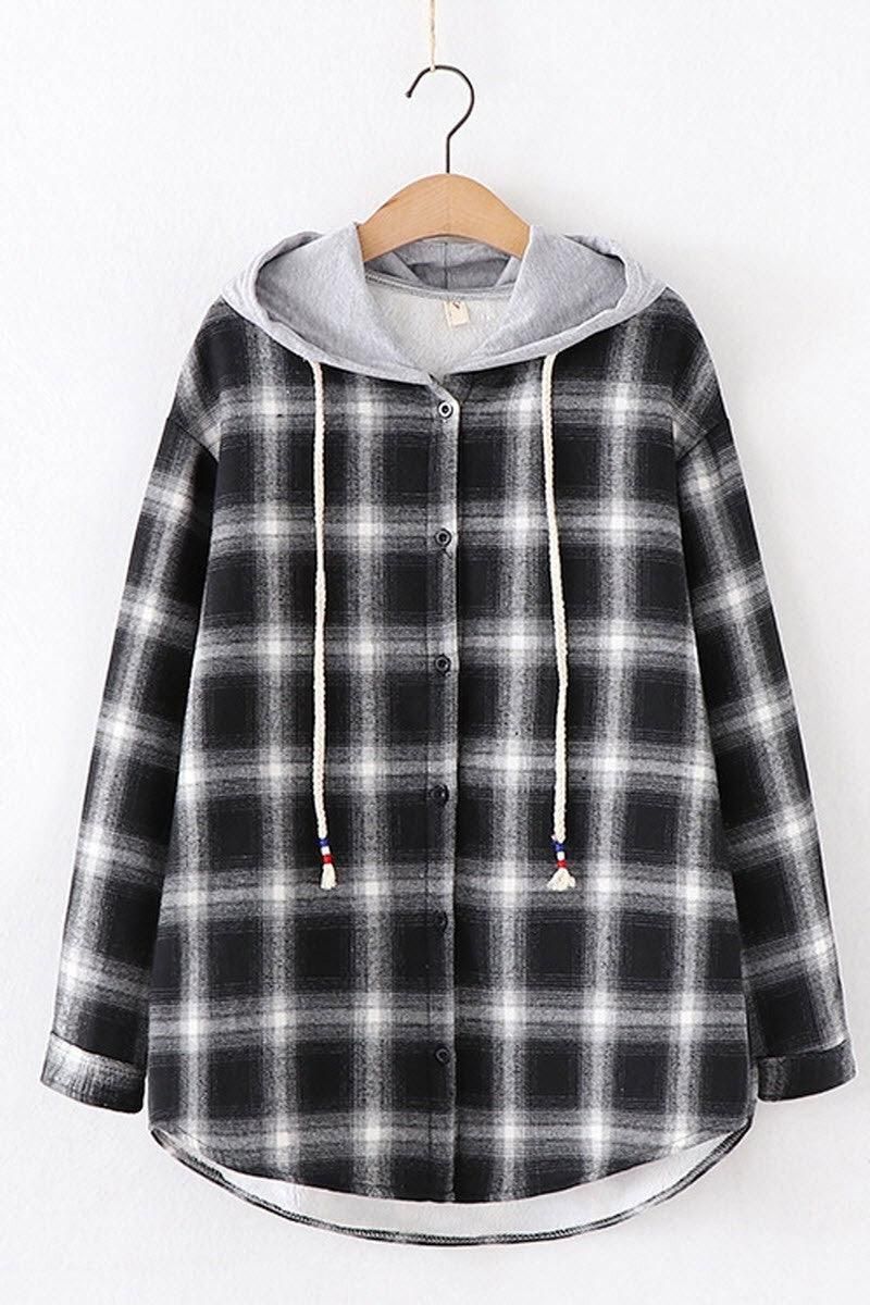 HOODED BF LOOSE PLAID INNER FLEECE WARM SHIRT - Doublju
