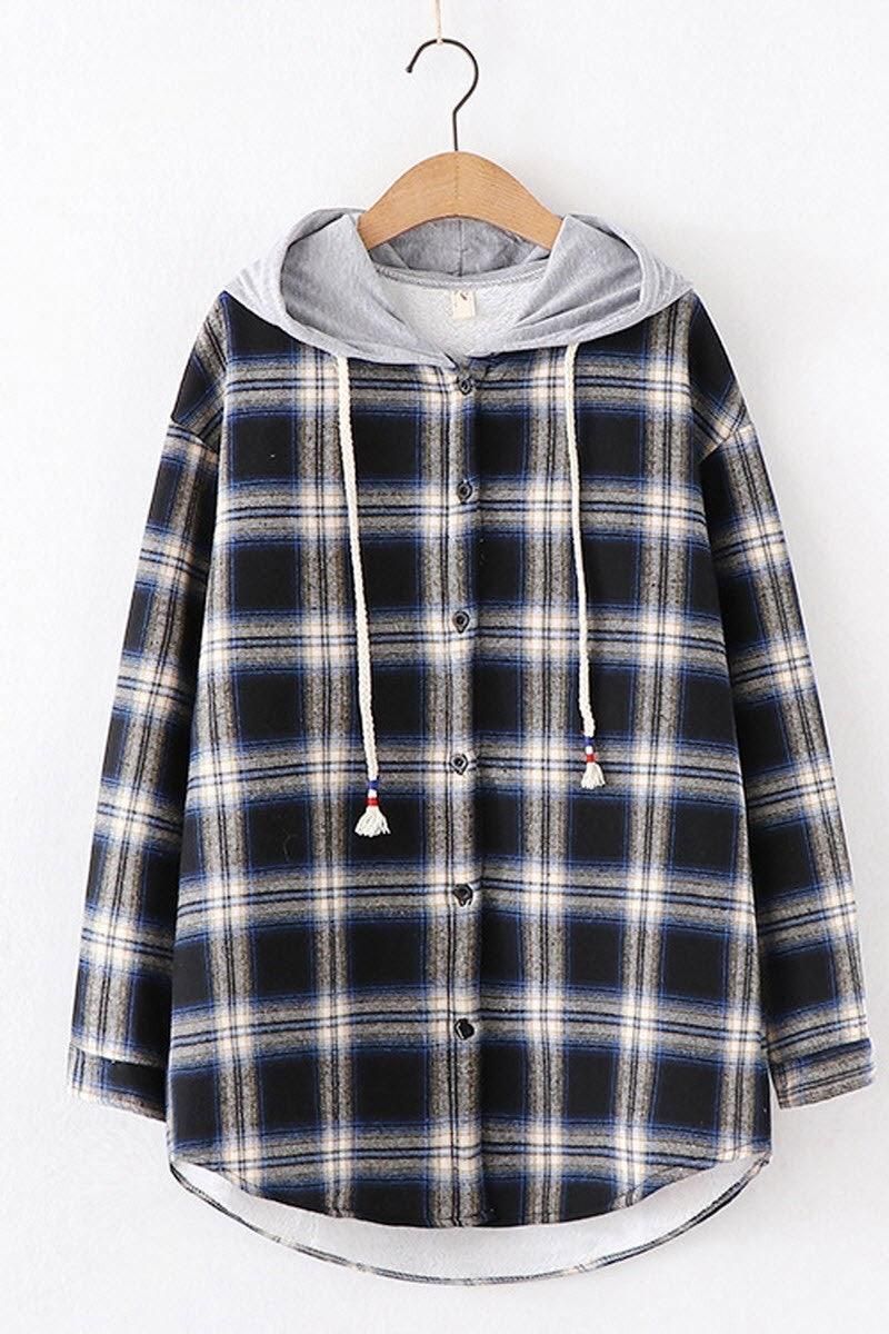 HOODED BF LOOSE PLAID INNER FLEECE WARM SHIRT - Doublju