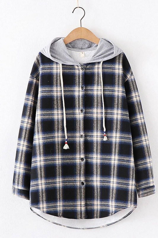 HOODED BF LOOSE PLAID INNER FLEECE WARM SHIRT - Doublju