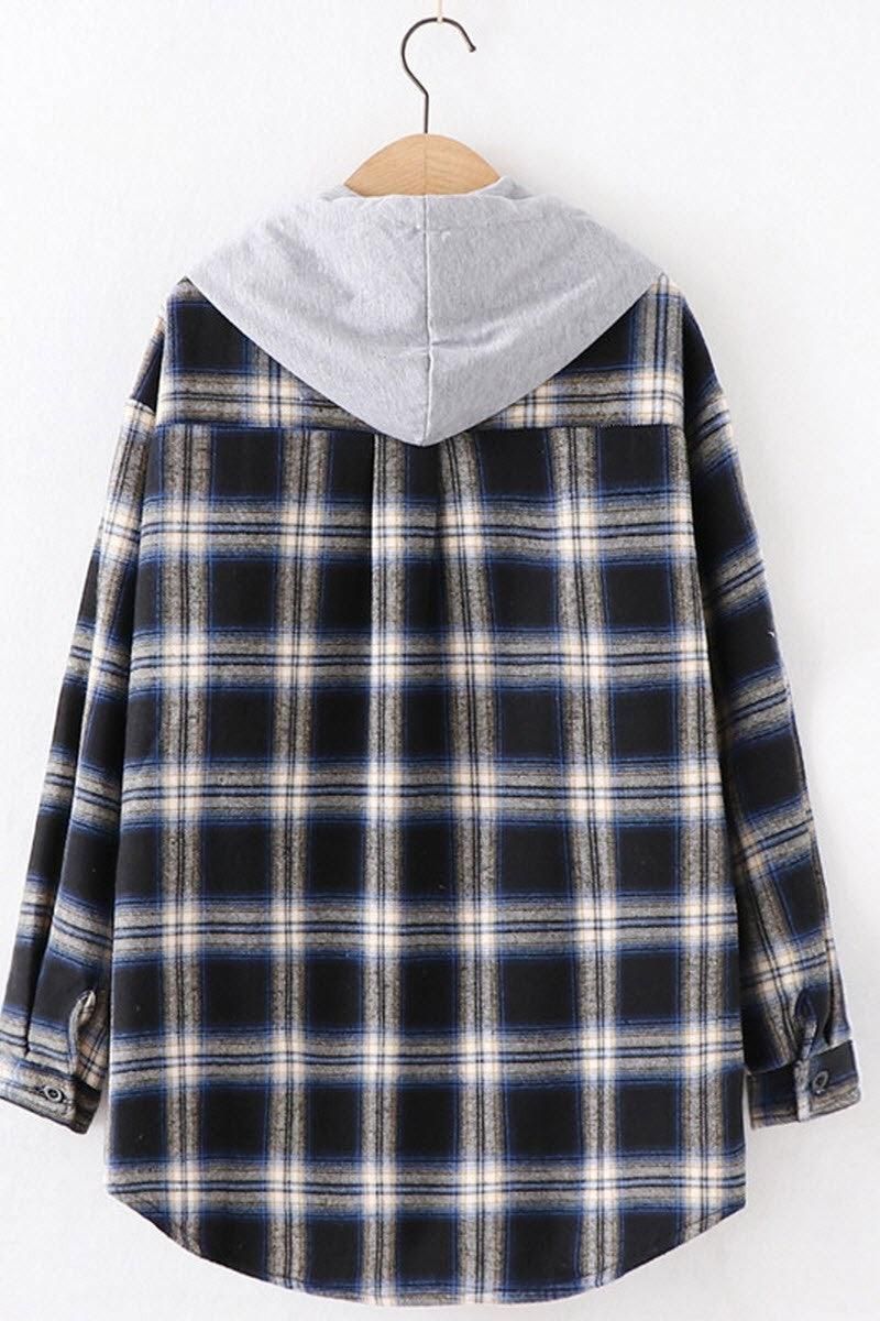 HOODED BF LOOSE PLAID INNER FLEECE WARM SHIRT - Doublju