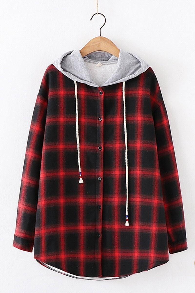 HOODED BF LOOSE PLAID INNER FLEECE WARM SHIRT - Doublju