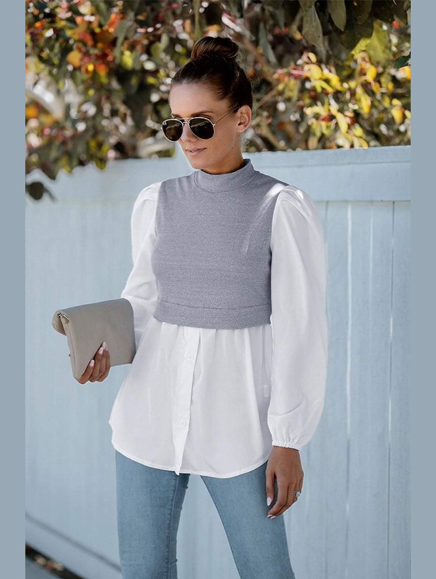LONG SLEEVE FAKE TWO PIECE BLOUSES - Doublju