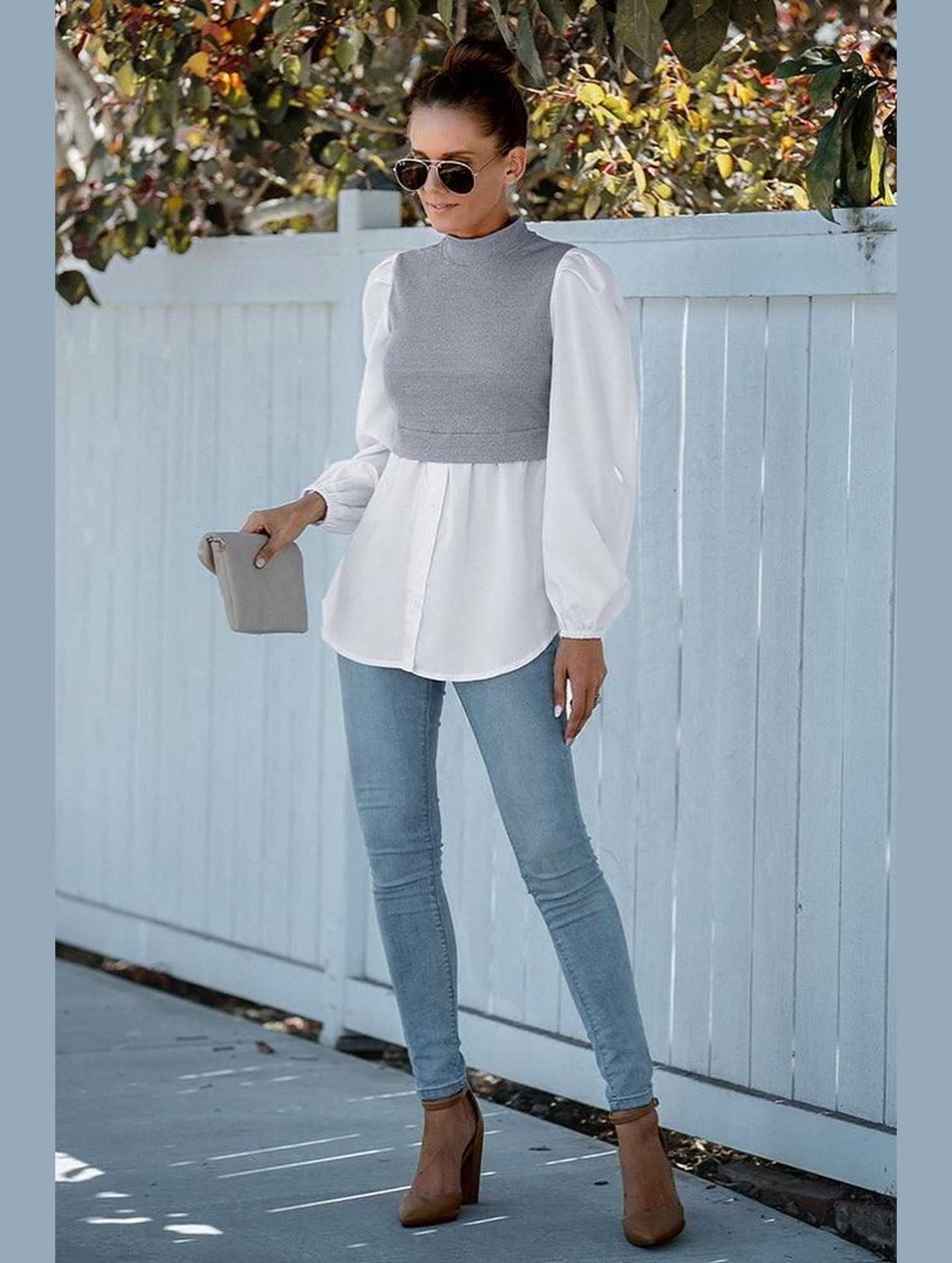 LONG SLEEVE FAKE TWO PIECE BLOUSES - Doublju