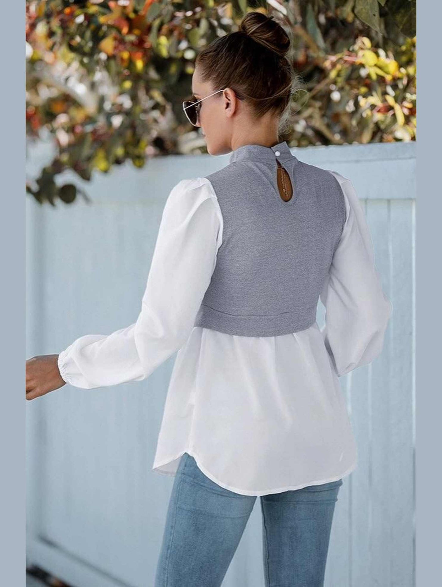 LONG SLEEVE FAKE TWO PIECE BLOUSES - Doublju