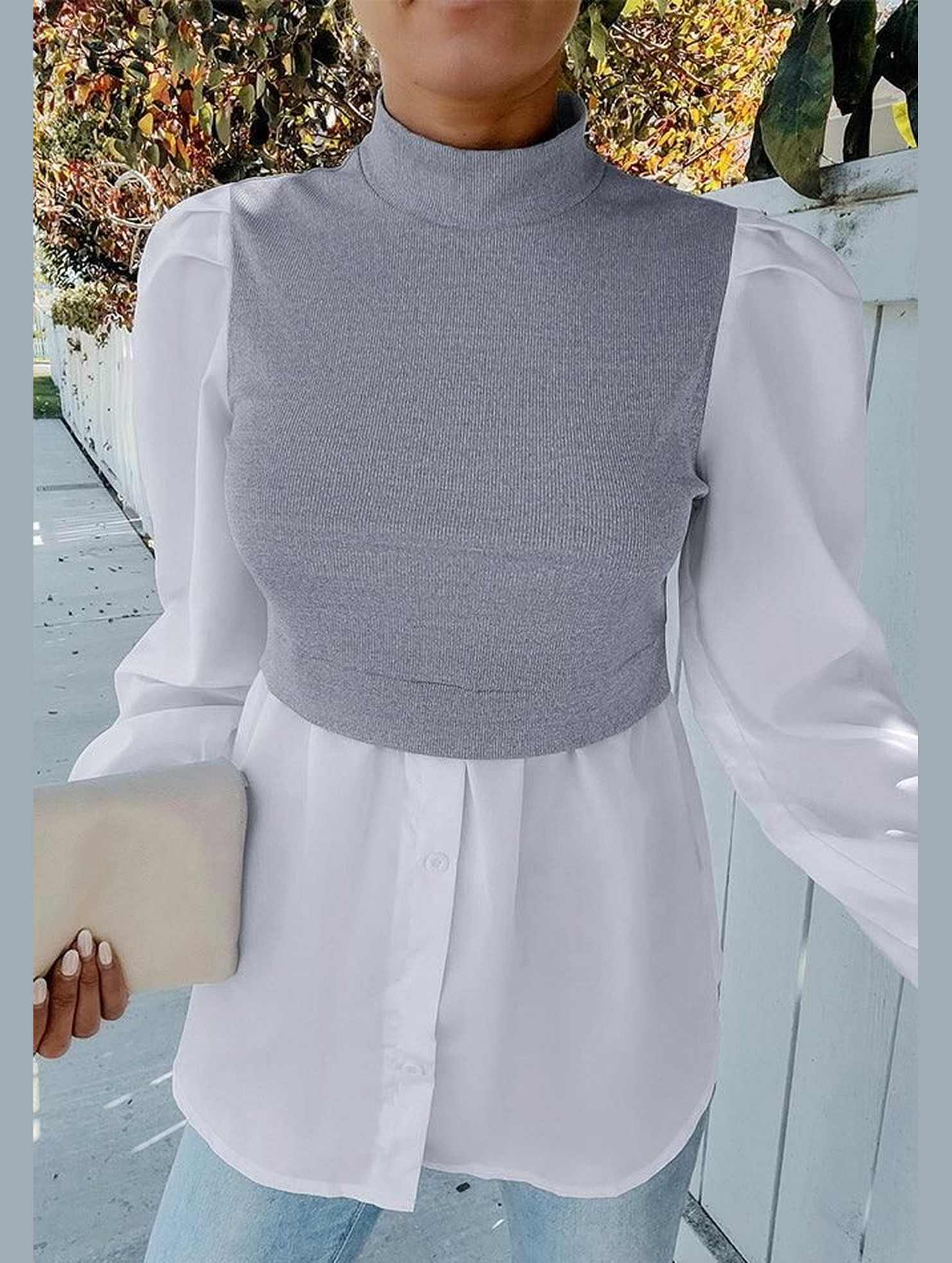LONG SLEEVE FAKE TWO PIECE BLOUSES - Doublju