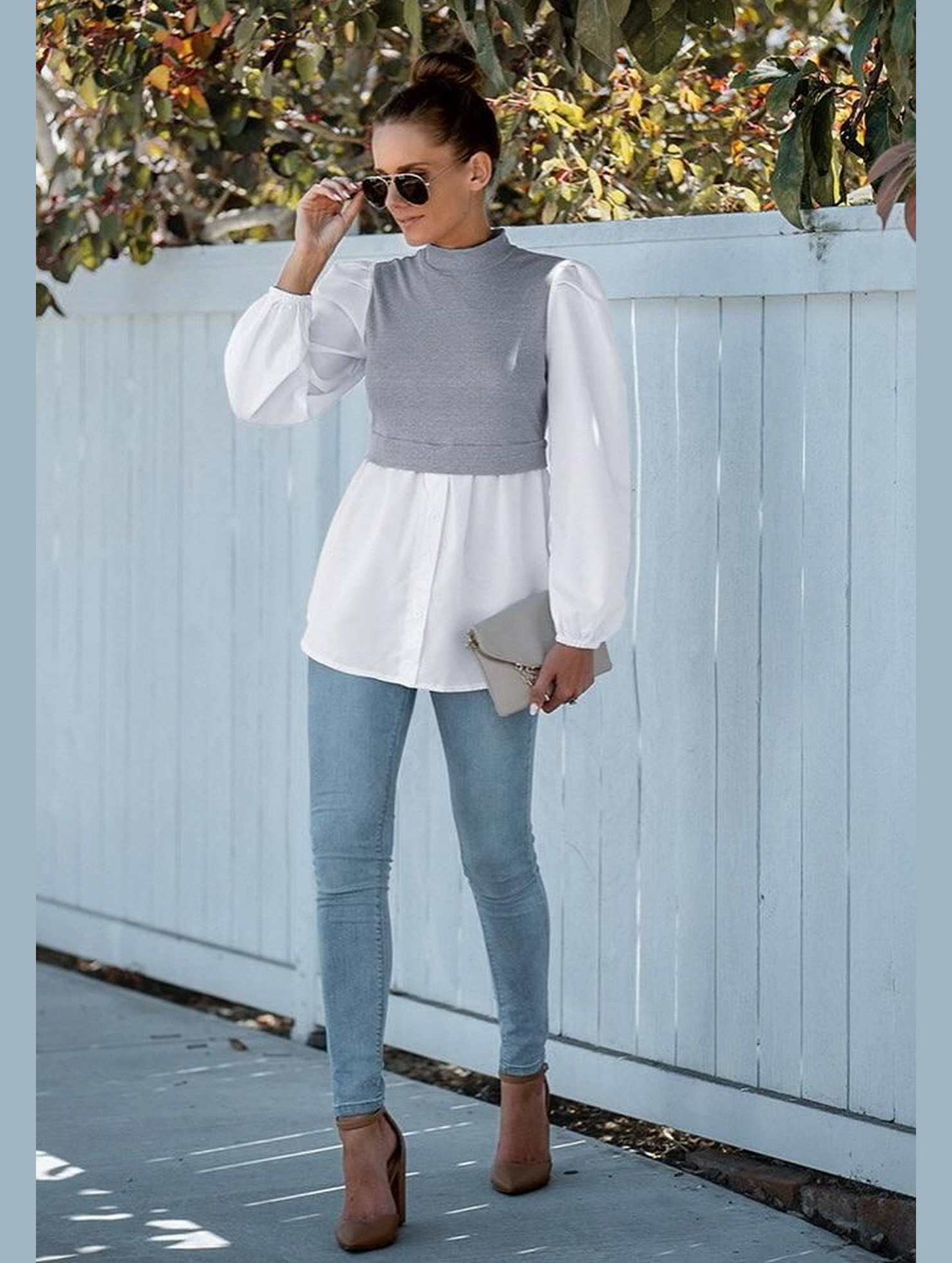 LONG SLEEVE FAKE TWO PIECE BLOUSES - Doublju