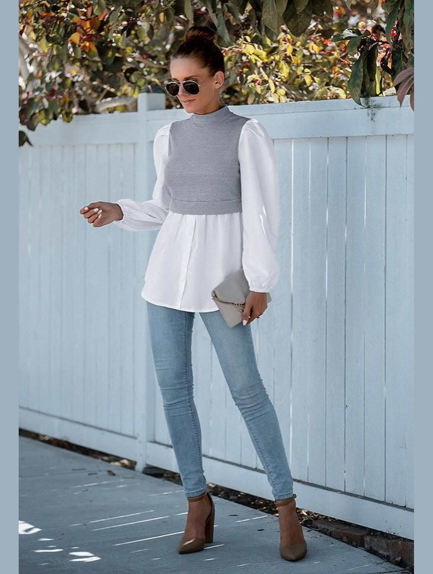 LONG SLEEVE FAKE TWO PIECE BLOUSES - Doublju