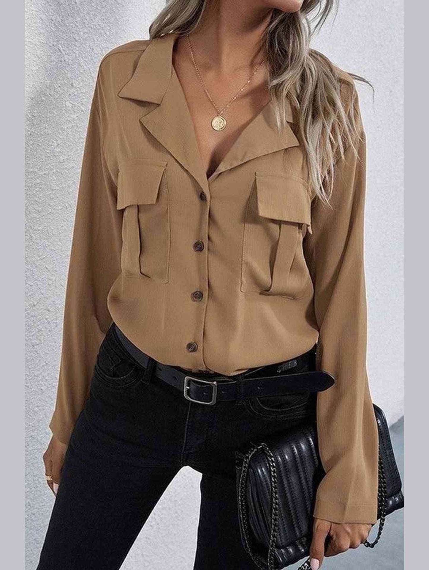 LONG SLEEVE SINGLE BREASTED CHIFFON SHIRT - Doublju
