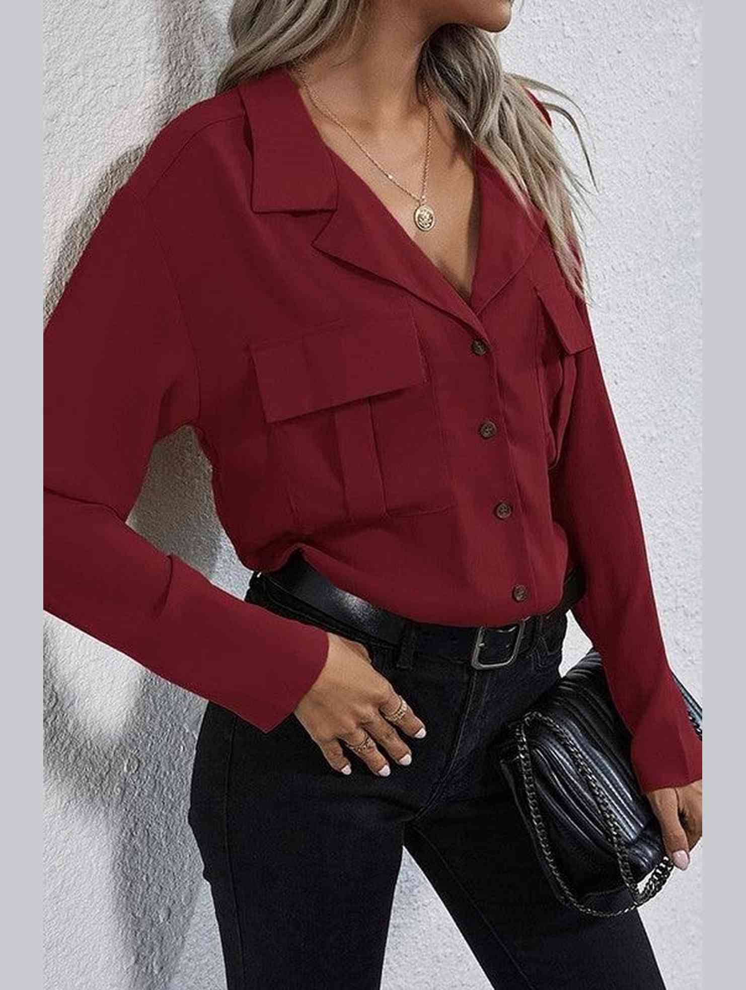 LONG SLEEVE SINGLE BREASTED CHIFFON SHIRT - Doublju