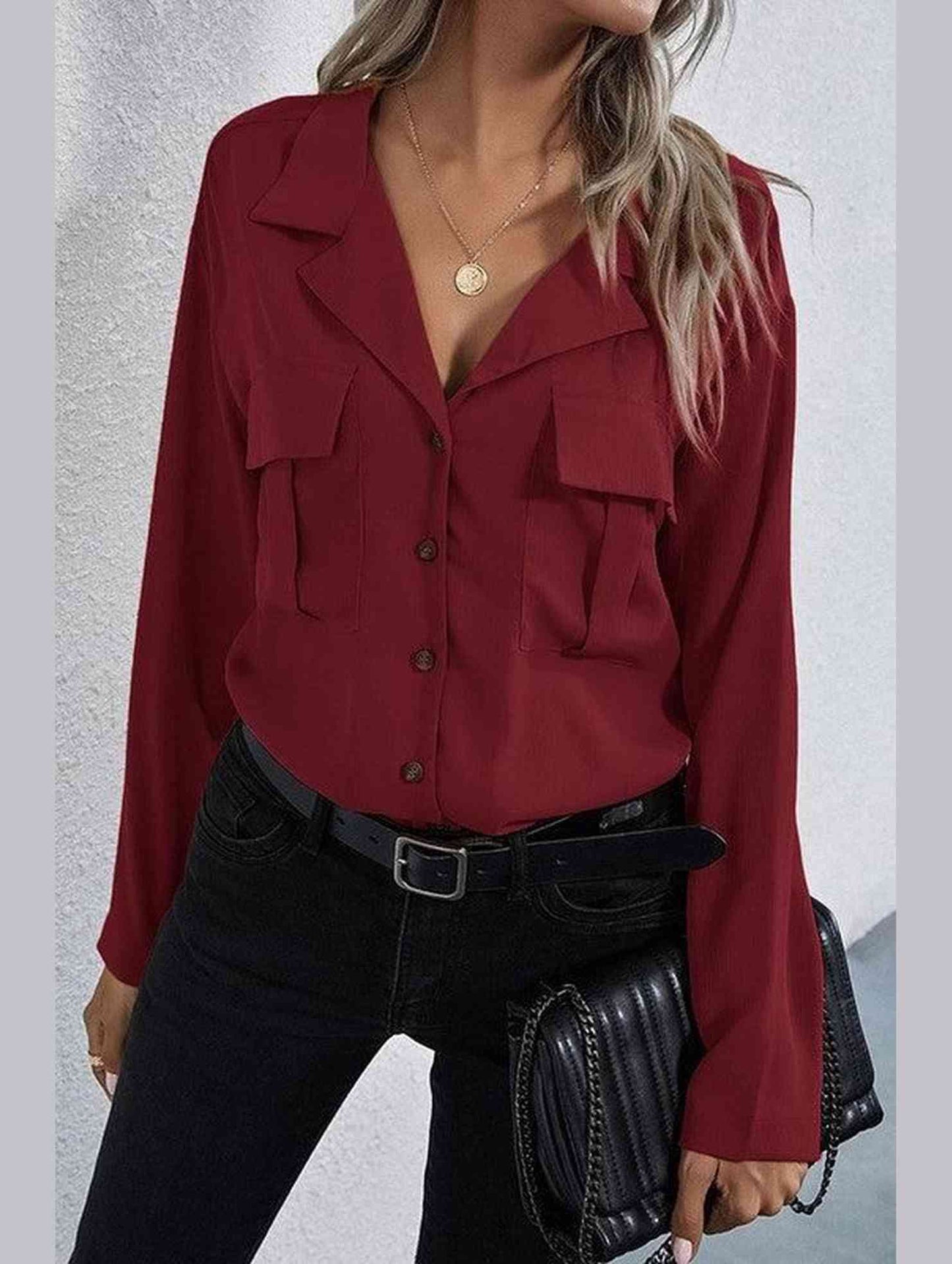 LONG SLEEVE SINGLE BREASTED CHIFFON SHIRT - Doublju