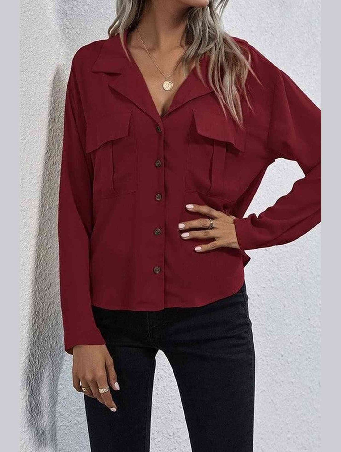 LONG SLEEVE SINGLE BREASTED CHIFFON SHIRT - Doublju