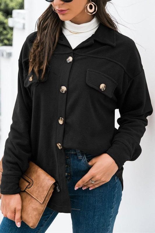 LONG SLEEVE LAPEL BUTTON FLEECE CASUAL SHIRT - Doublju
