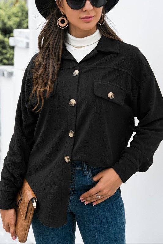 LONG SLEEVE LAPEL BUTTON FLEECE CASUAL SHIRT - Doublju